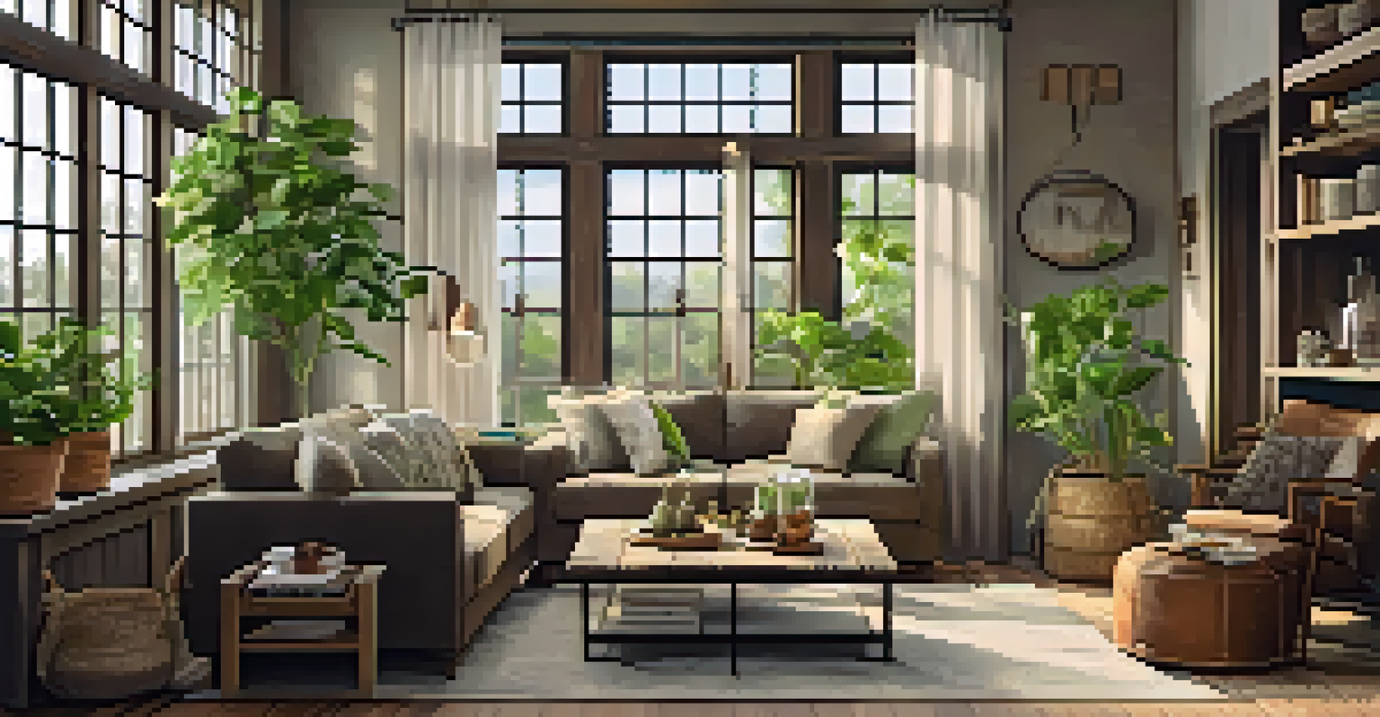 A cozy living room featuring reclaimed wood furniture, large windows, and soft textiles in earthy tones.