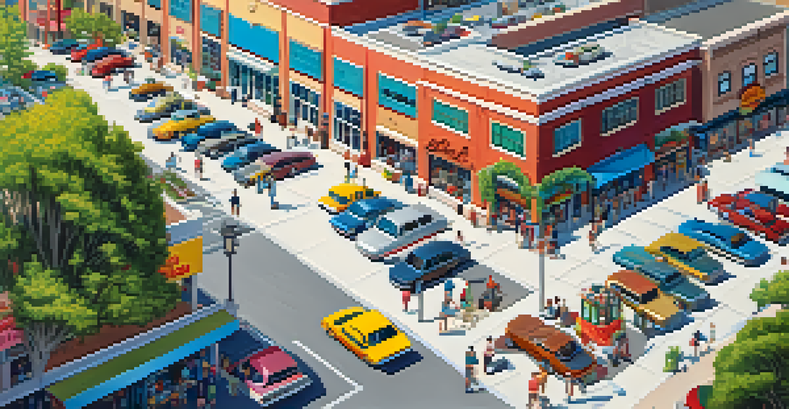Aerial view of a lively shopping center with vibrant storefronts and a busy parking lot, showcasing shoppers and families.