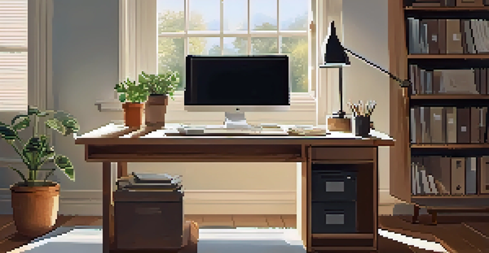 A cozy and organized home office featuring a wooden desk with a laptop, documents, and a potted plant, illuminated by soft natural light.