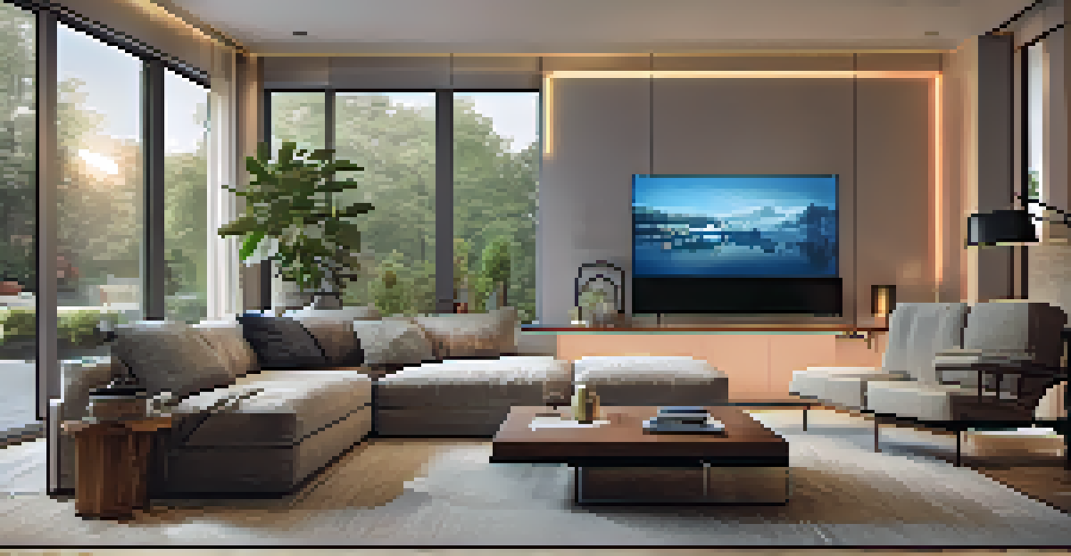 A modern living room with smart technology, adjustable furniture, and a cozy ambiance.