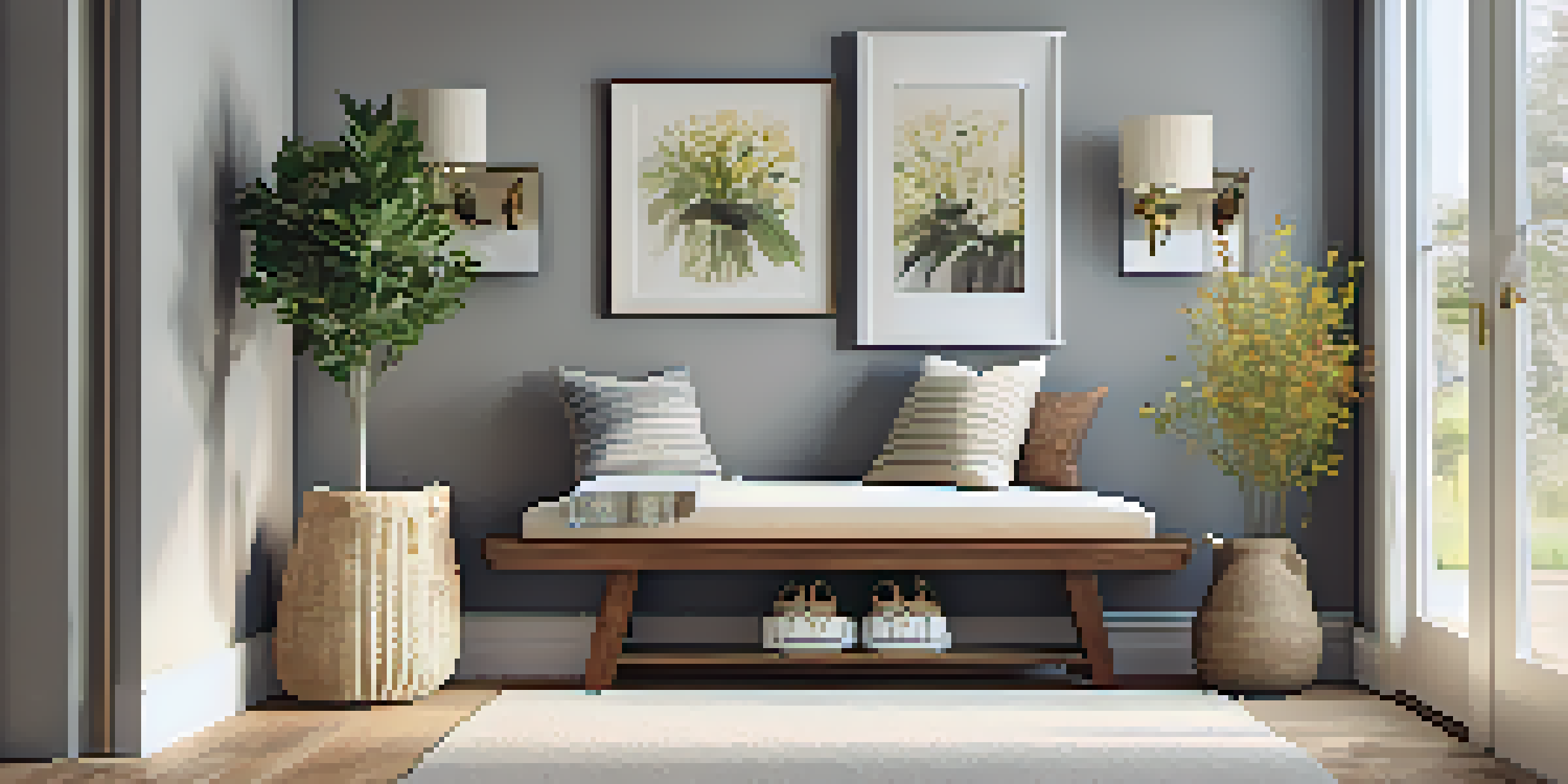 A cozy entryway with a bench, coat rack, console table, and natural light.