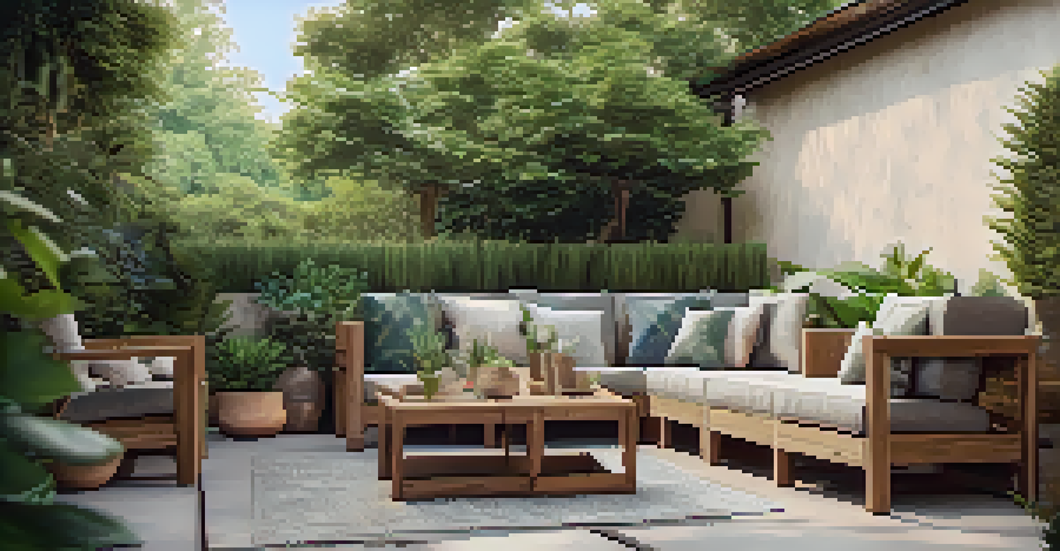 An outdoor patio featuring a modular furniture set made from recycled materials, surrounded by green plants and cushions in earthy tones.