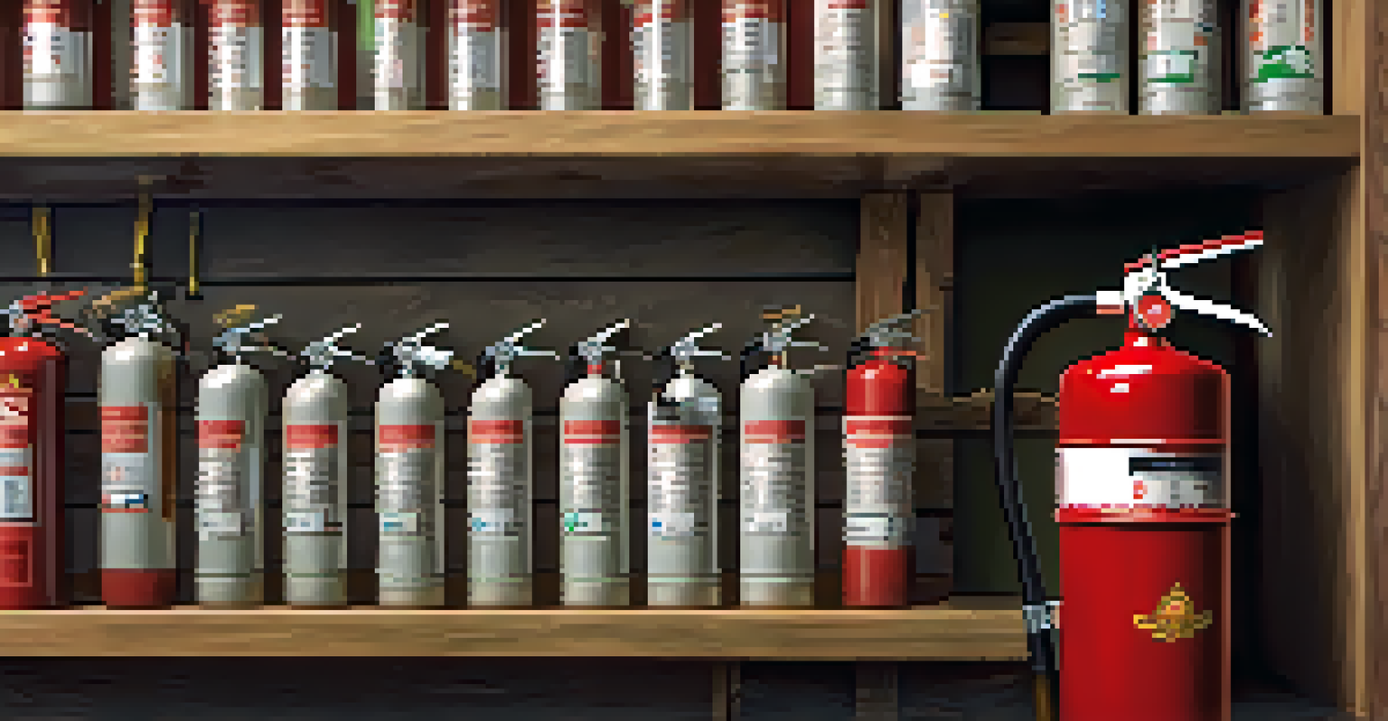 Close-up of a fire extinguisher with visible rating labels on a wooden shelf in a garage.