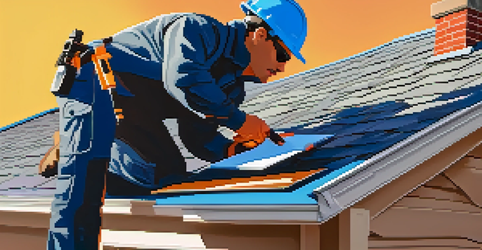 A home inspector using a thermal imaging camera to check the roof of a house under a clear blue sky.