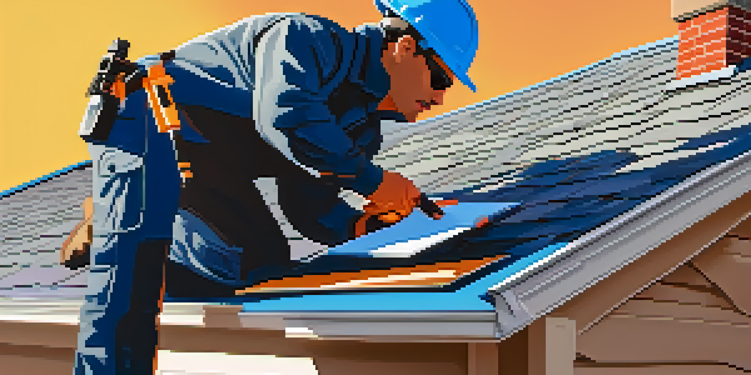 A home inspector using a thermal imaging camera to check the roof of a house under a clear blue sky.