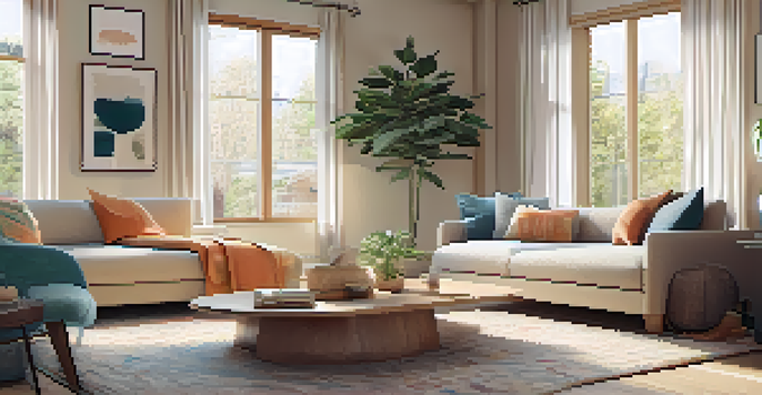 A modern living room with a warm color scheme, featuring a beige sofa, colorful pillows, a wooden coffee table, and large windows filled with natural light.