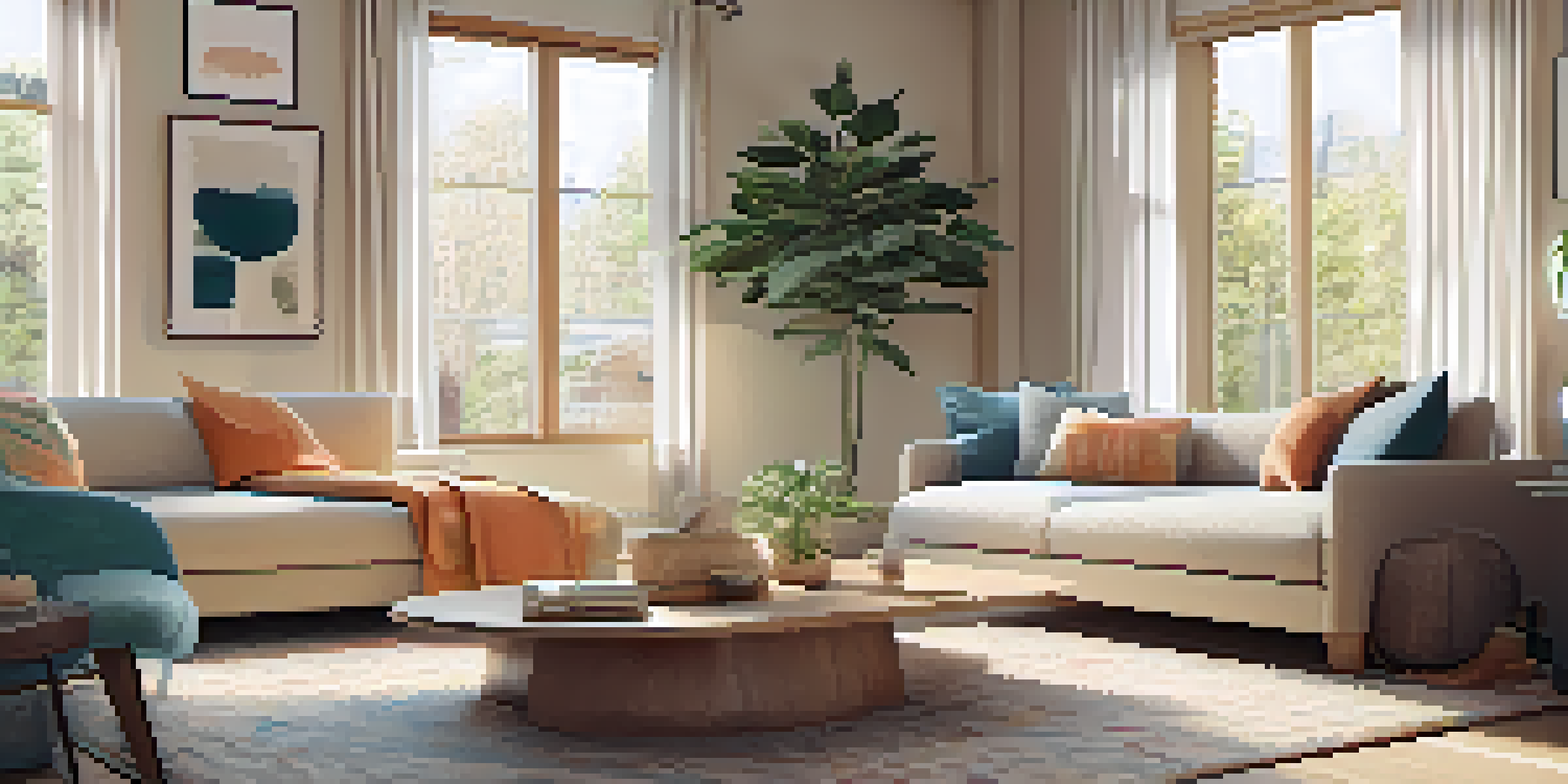 A modern living room with a warm color scheme, featuring a beige sofa, colorful pillows, a wooden coffee table, and large windows filled with natural light.