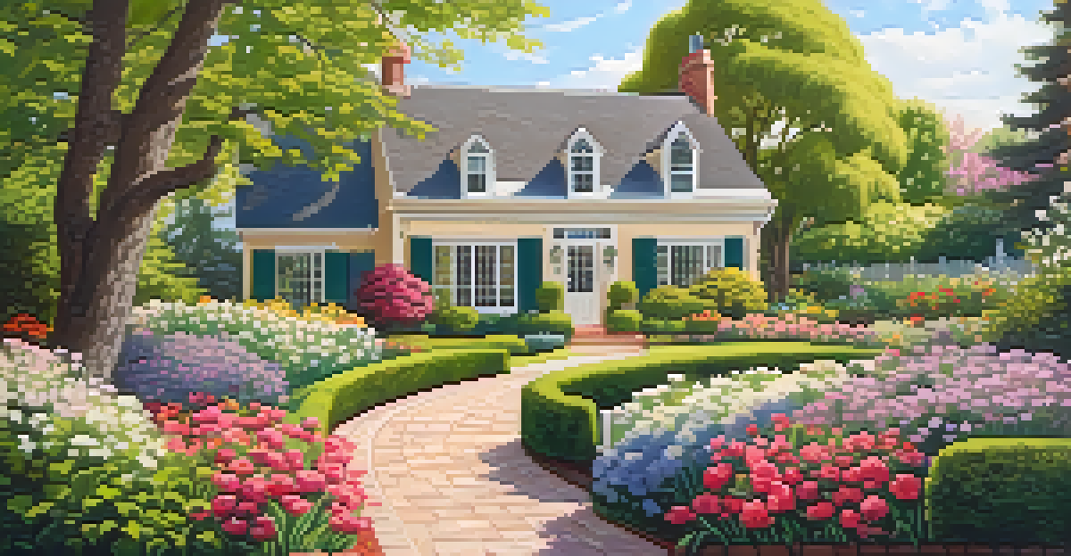 A vibrant garden in spring, featuring blooming flowers and a charming house with a freshly painted exterior.