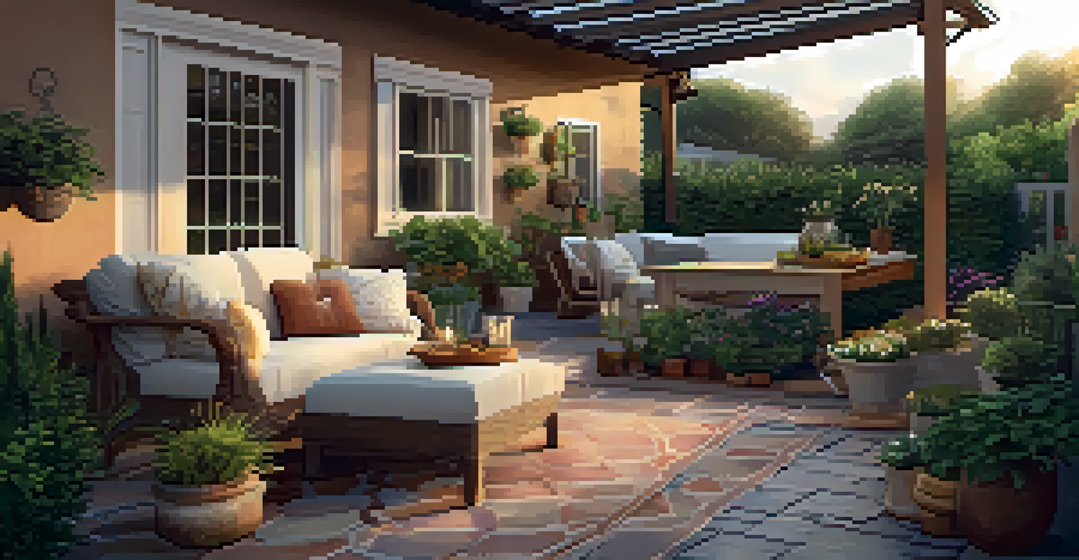 An inviting outdoor patio with organized furniture and vibrant plants in soft evening light.