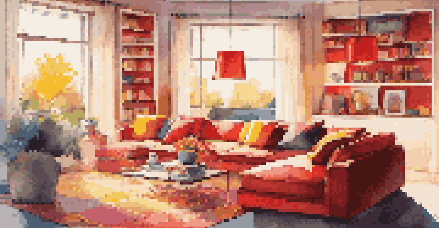 A lively living room with vibrant red and yellow lighting, a modern sofa, colorful throw pillows, and large windows.