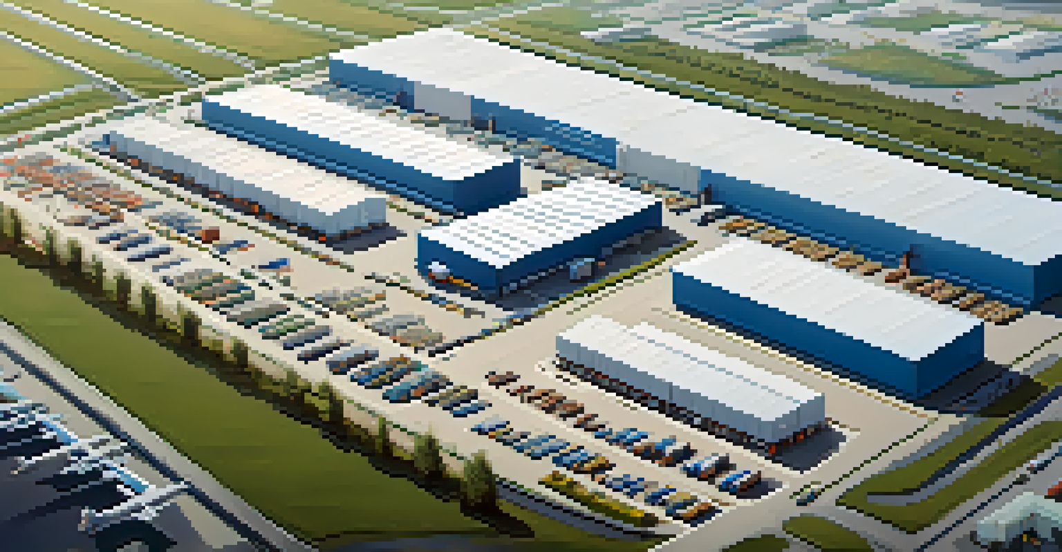 An aerial view of a logistics center with warehouses and delivery trucks.