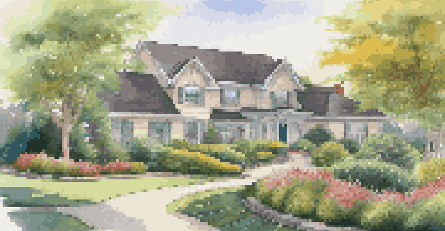 A landscaped yard with trimmed plants, illuminated pathways, and security cameras, creating a safe outdoor environment.