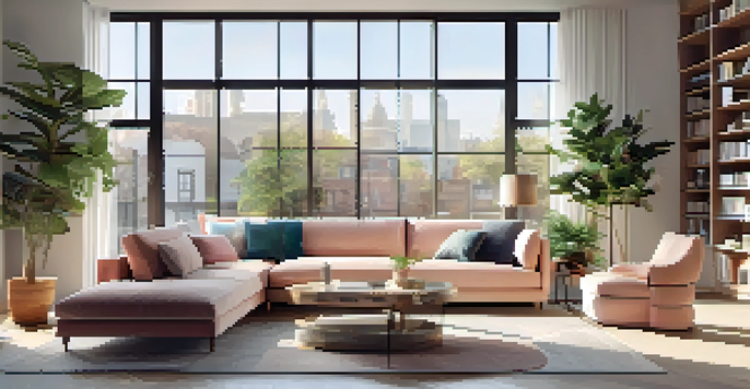 A bright and inviting modern living room with large windows, a cozy sofa, and stylish decor.