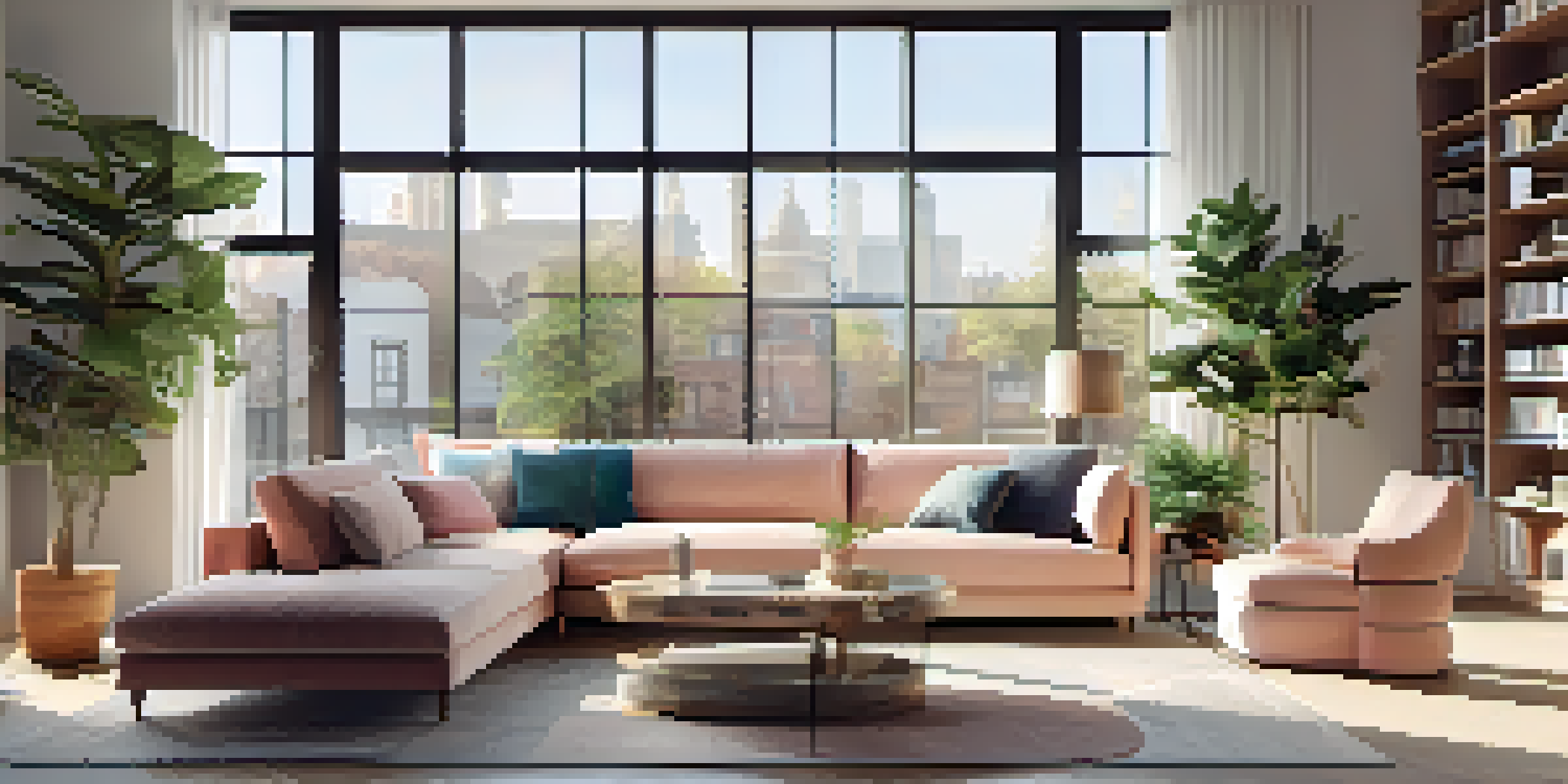 A bright and inviting modern living room with large windows, a cozy sofa, and stylish decor.