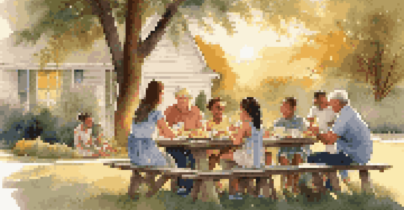 A joyful outdoor family gathering with grandparents, parents, and children enjoying a picnic in a backyard during sunset.