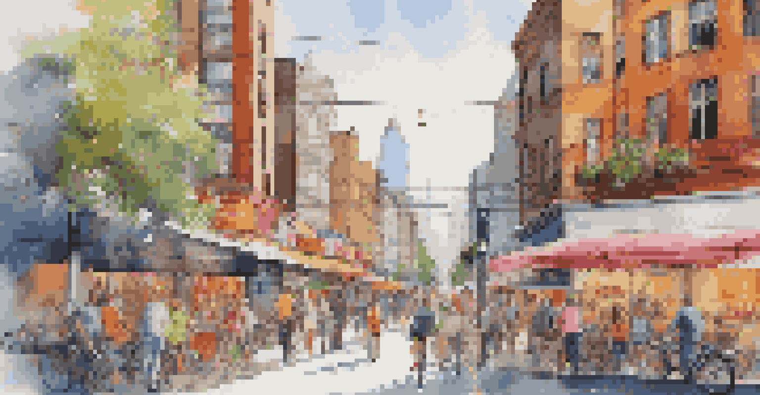 A busy urban street with cafes, restaurants, and people enjoying city life amidst tall buildings.