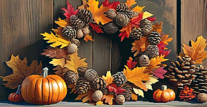 A beautiful fall wreath made of leaves, pinecones, and pumpkins on a wooden door, illuminated by sunlight.