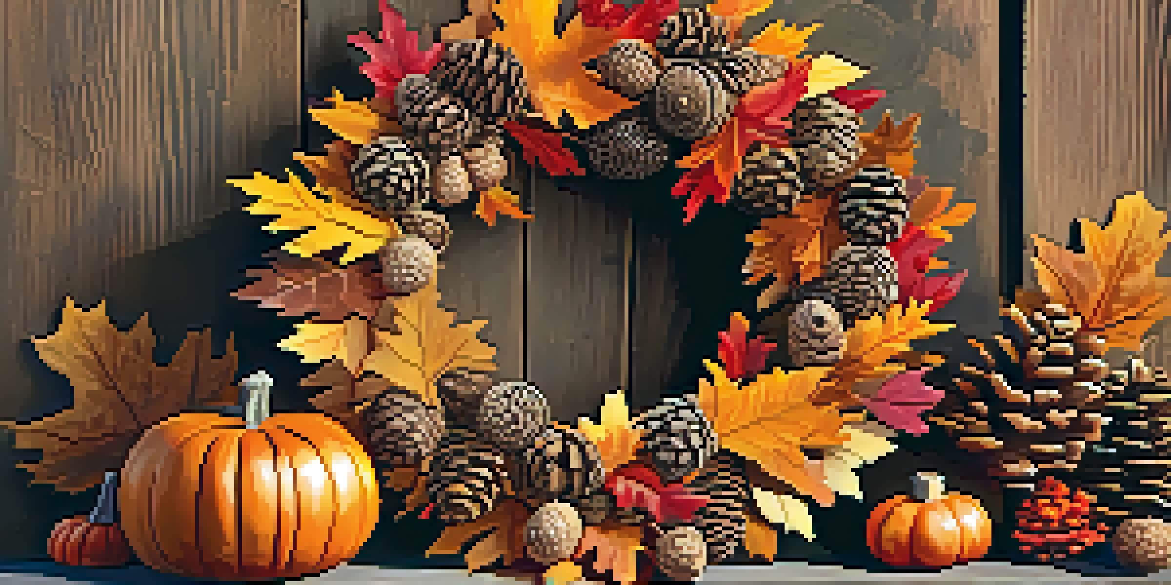 A beautiful fall wreath made of leaves, pinecones, and pumpkins on a wooden door, illuminated by sunlight.