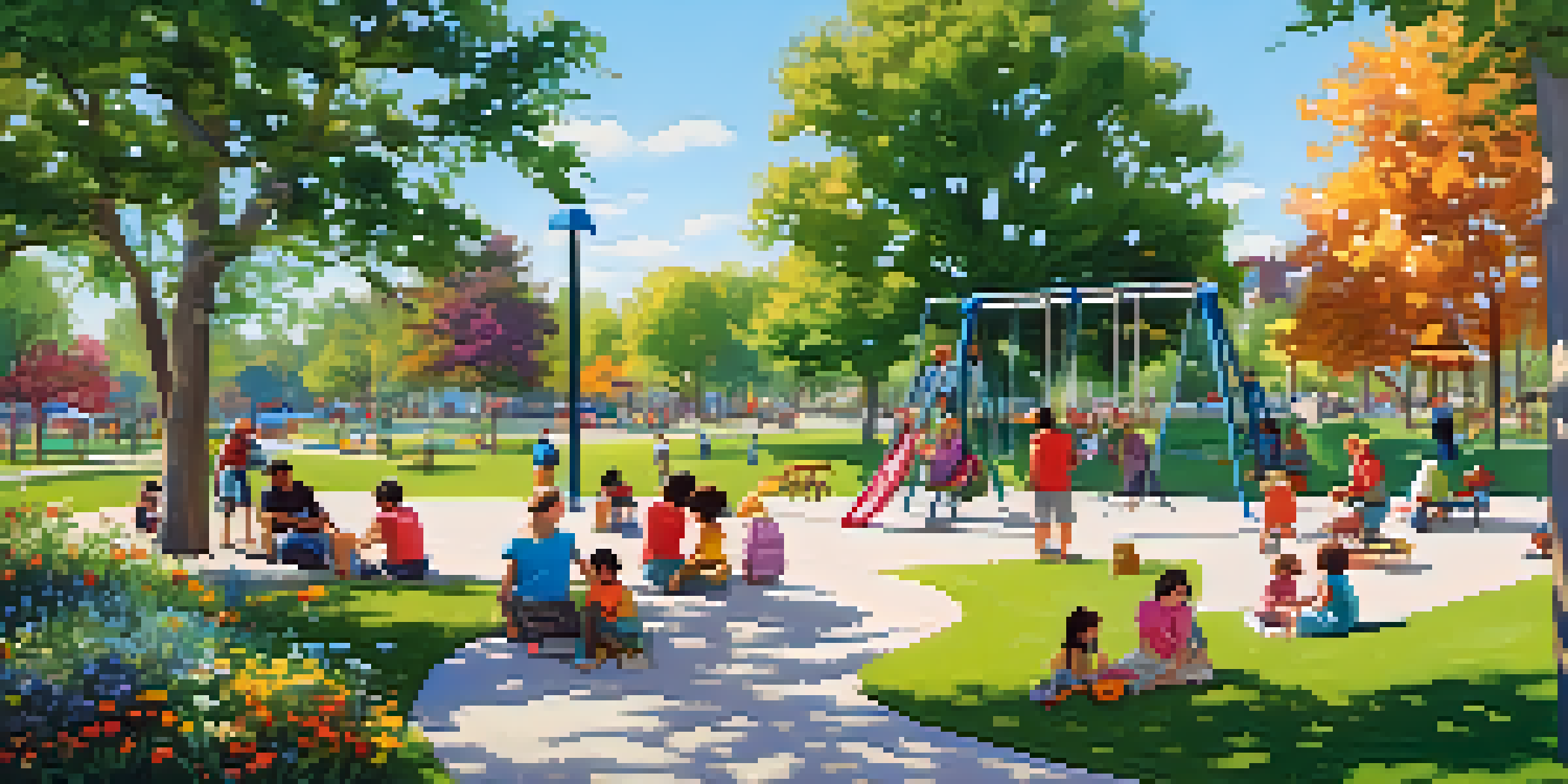 A sunny community park with families enjoying picnics, children playing, and a pond in the background.