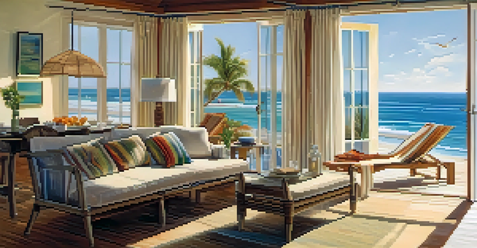 A modern beachfront vacation rental with large windows revealing the ocean view, featuring a stylish interior and a sunny patio.