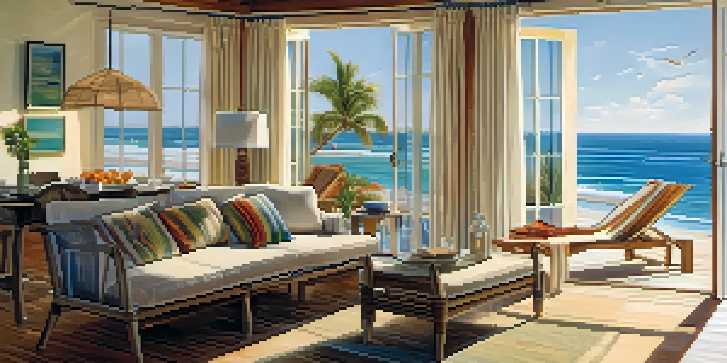 A modern beachfront vacation rental with large windows revealing the ocean view, featuring a stylish interior and a sunny patio.