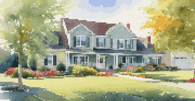 A large suburban house with a beautiful garden and children playing on the lawn under a sunny sky.