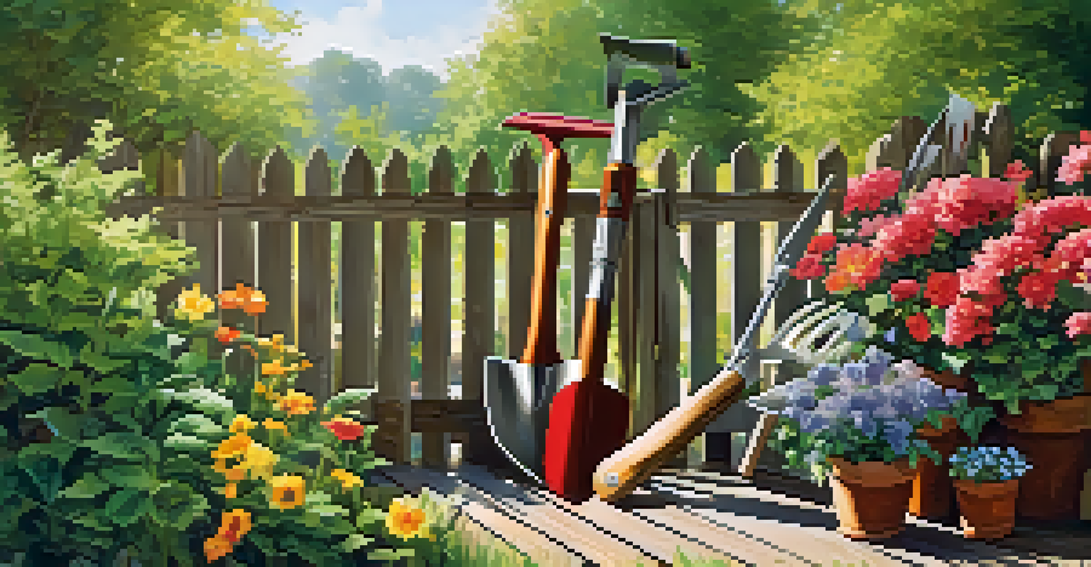Gardening tools like a spade and pruning shears leaning against a wooden fence surrounded by colorful flowers and greenery.