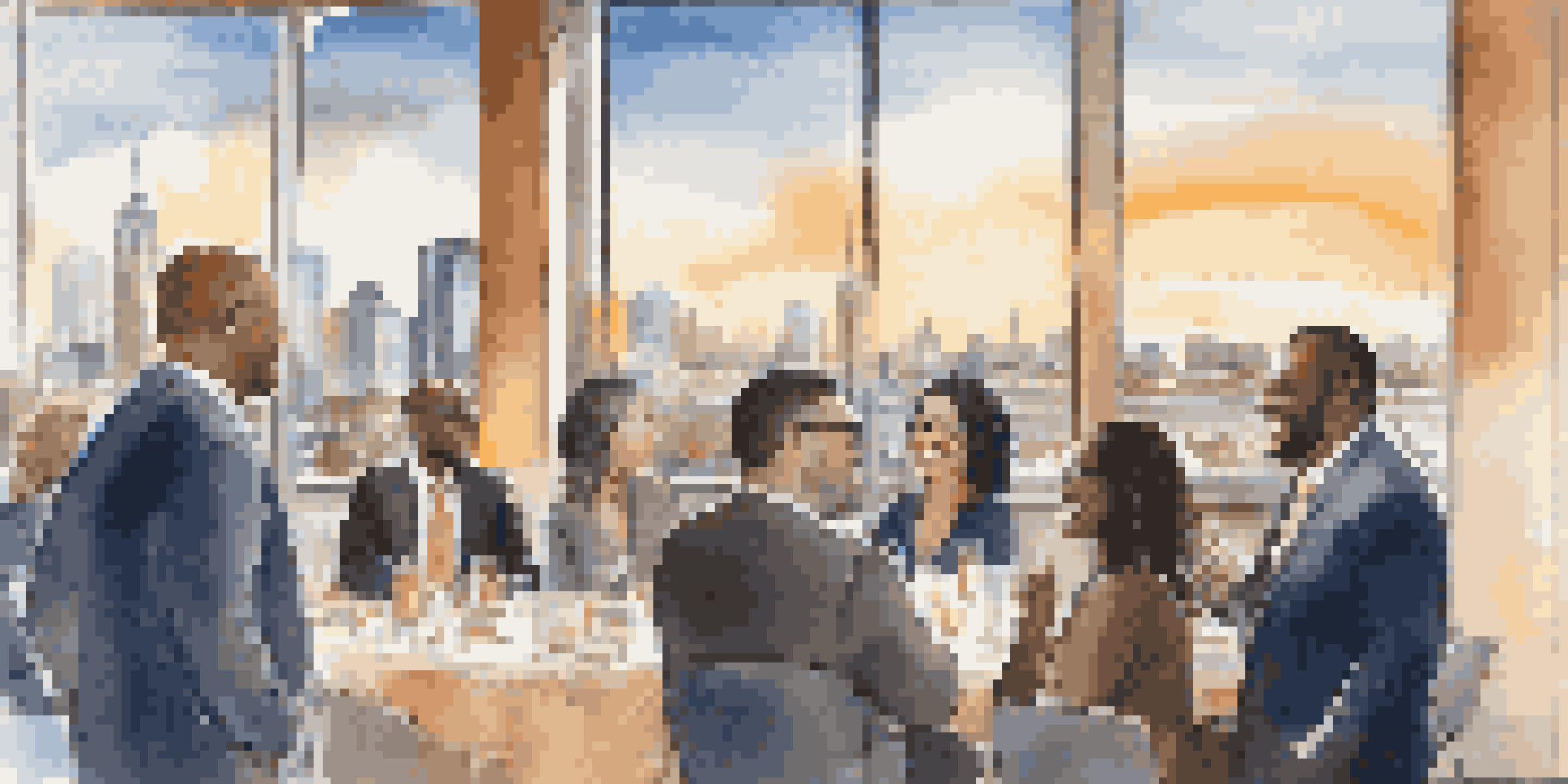 A lively networking event with diverse real estate professionals talking and exchanging business cards, with a city skyline in the background.