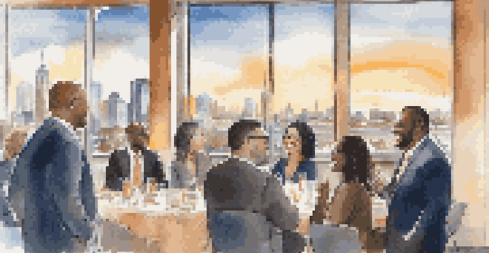 A lively networking event with diverse real estate professionals talking and exchanging business cards, with a city skyline in the background.