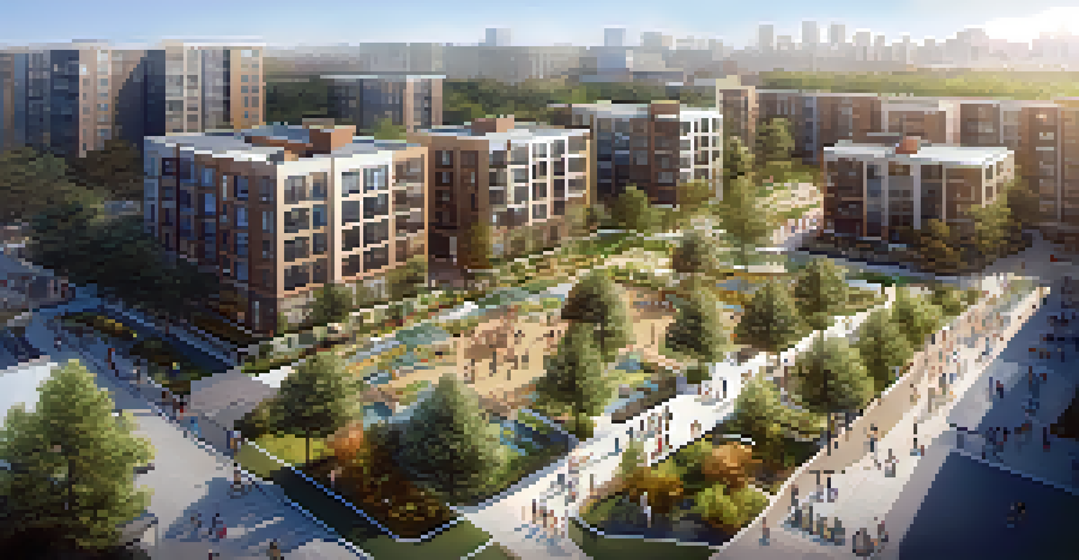 Aerial view of a mixed-use urban development with residential buildings, parks, and retail spaces, filled with people enjoying the area.