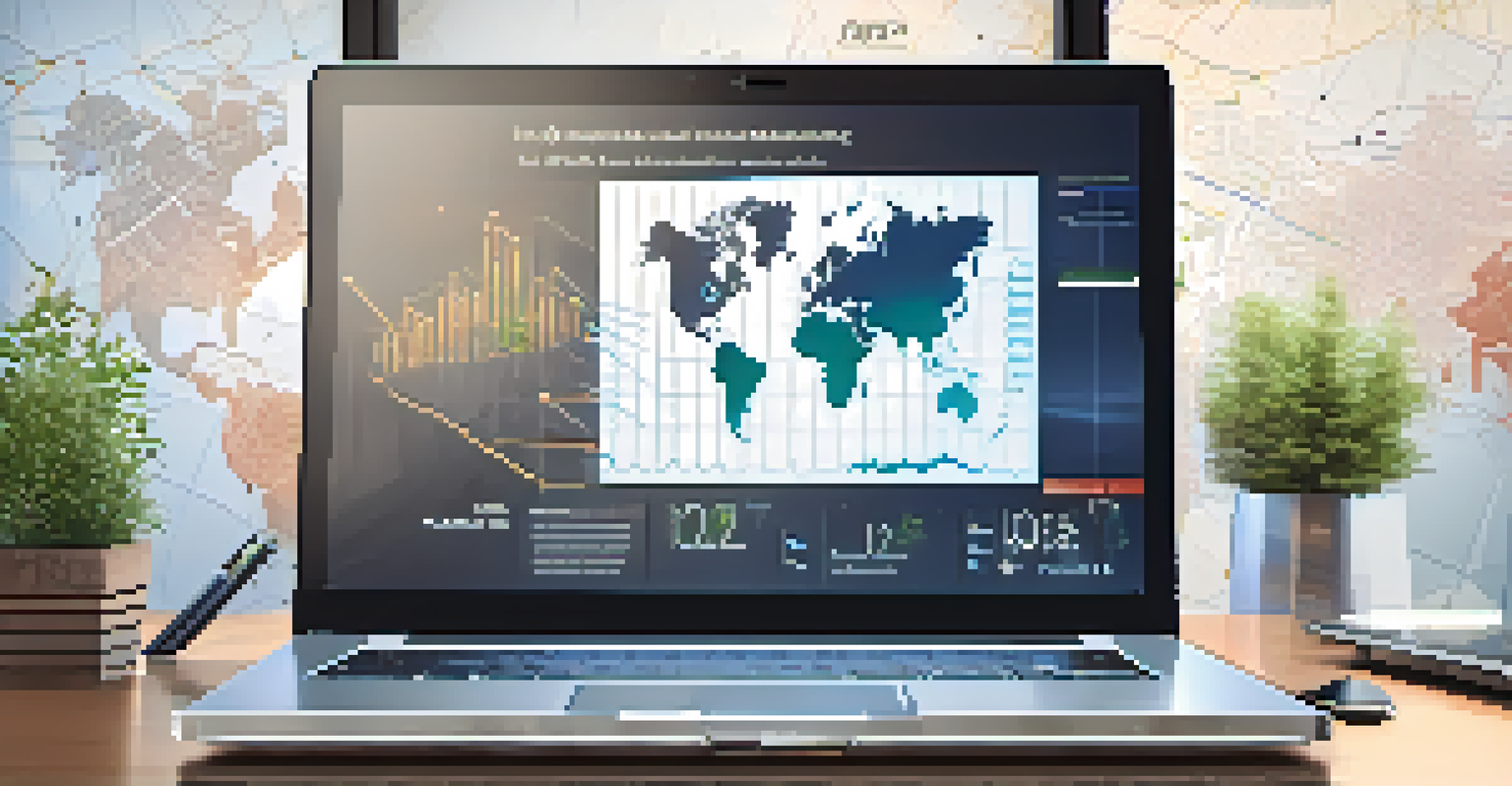 A digital interface showcasing global real estate listings with a modern desk and world map in the background.