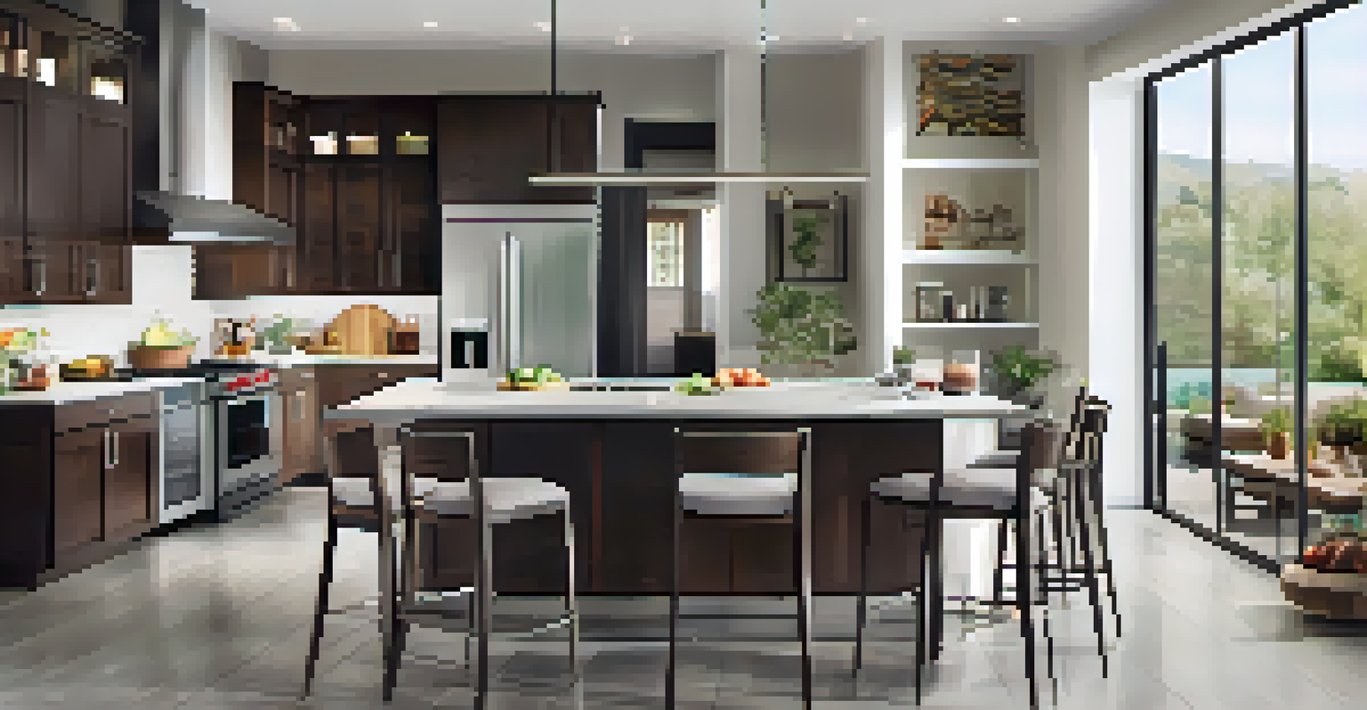 A modern kitchen with smart technology, sleek appliances, and a spacious island, designed for family use.