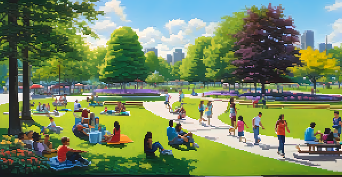 A lively urban park with families enjoying picnics, children playing, and colorful flowers in a sunny setting.