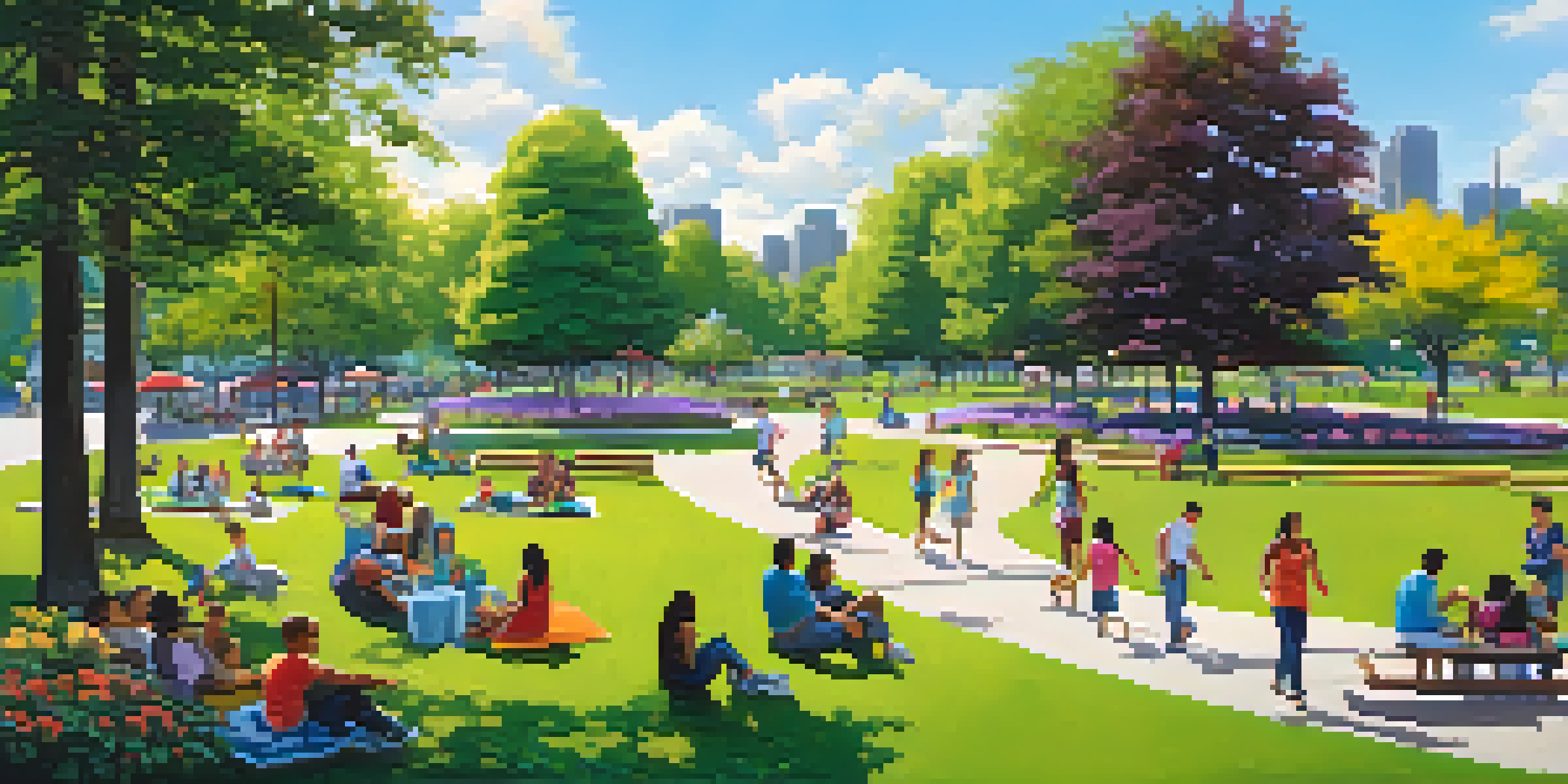 A lively urban park with families enjoying picnics, children playing, and colorful flowers in a sunny setting.