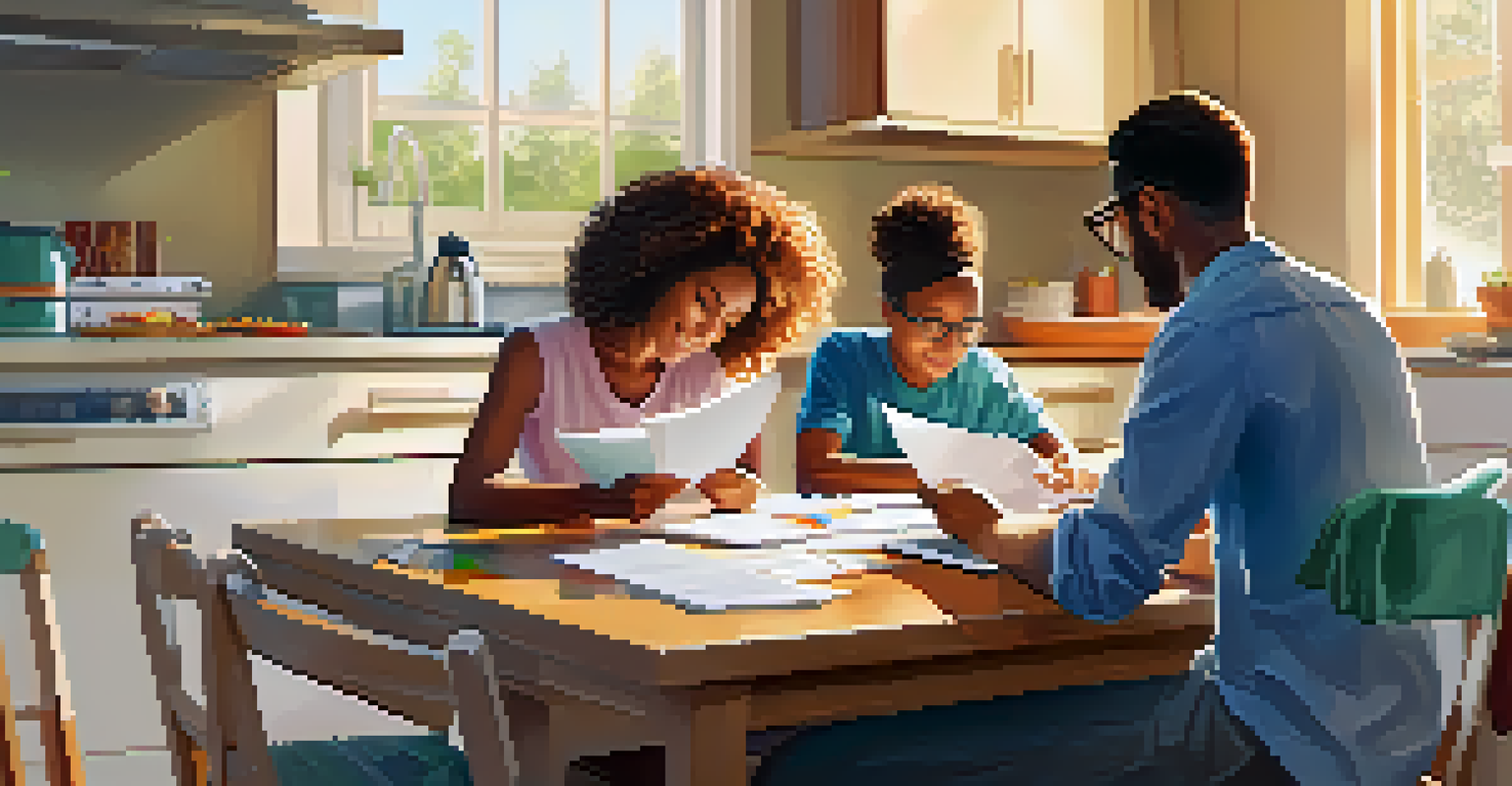 A family in a bright kitchen discussing finances with a calculator and laptop on the table.