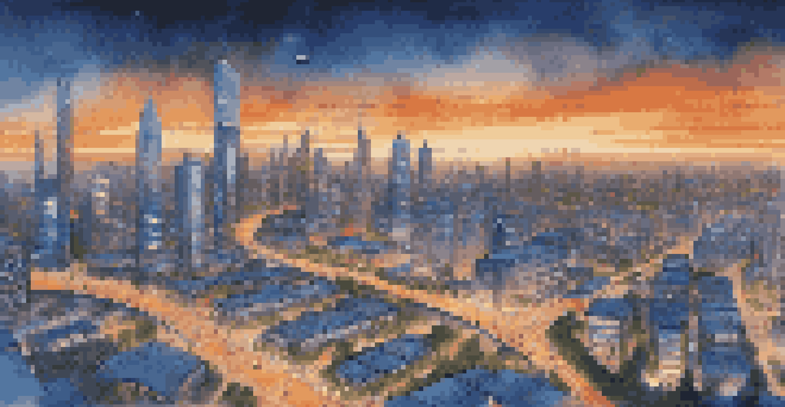 Aerial view of a smart city at twilight with illuminated buildings, streets, and flying drones amidst a vibrant skyline.