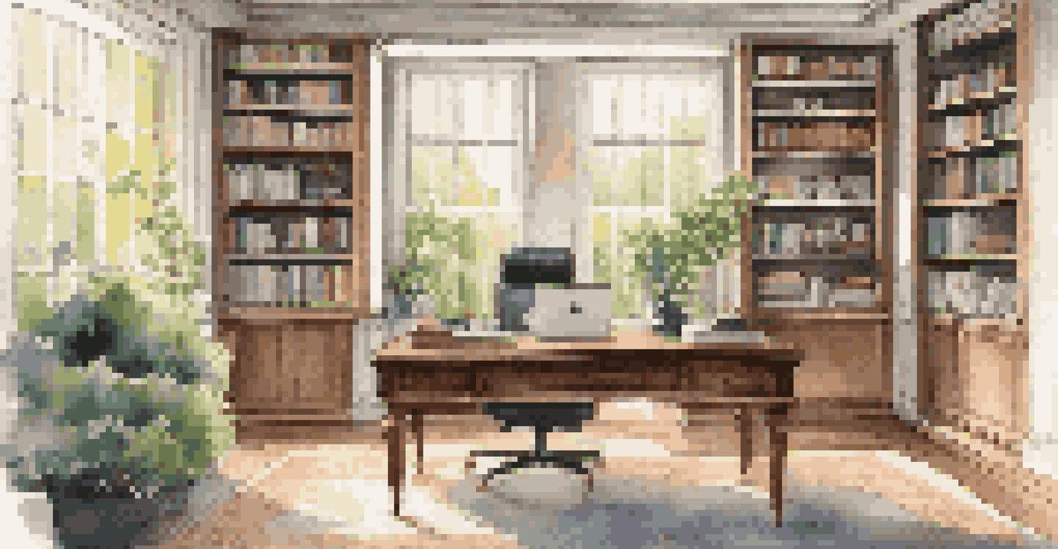 An elegant home office with built-in bookshelves, a wooden desk, and large windows overlooking a garden, designed for functionality.