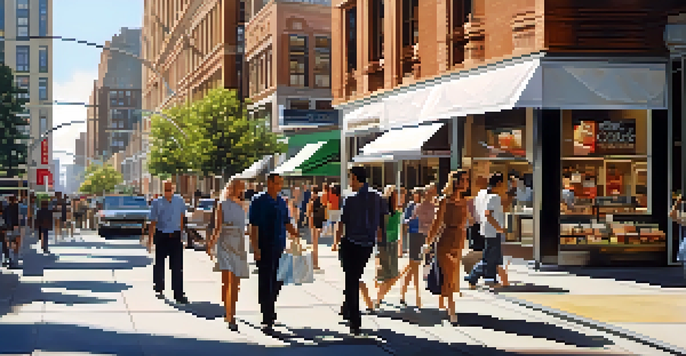 A busy urban street filled with diverse commercial buildings and people engaging in shopping and dining activities under warm sunlight.