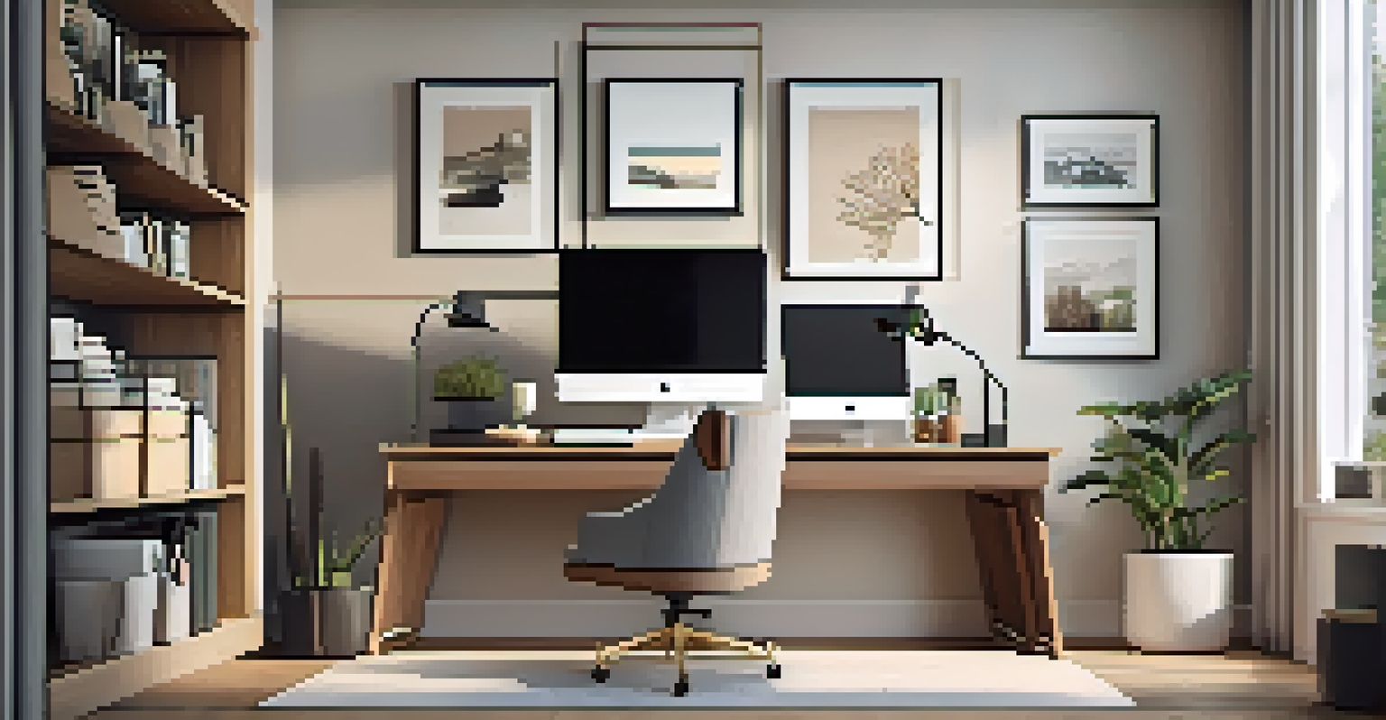 A professional home office designed for video conferencing, featuring a clean desk, organized bookshelf, and appropriate lighting for clear visibility during calls.