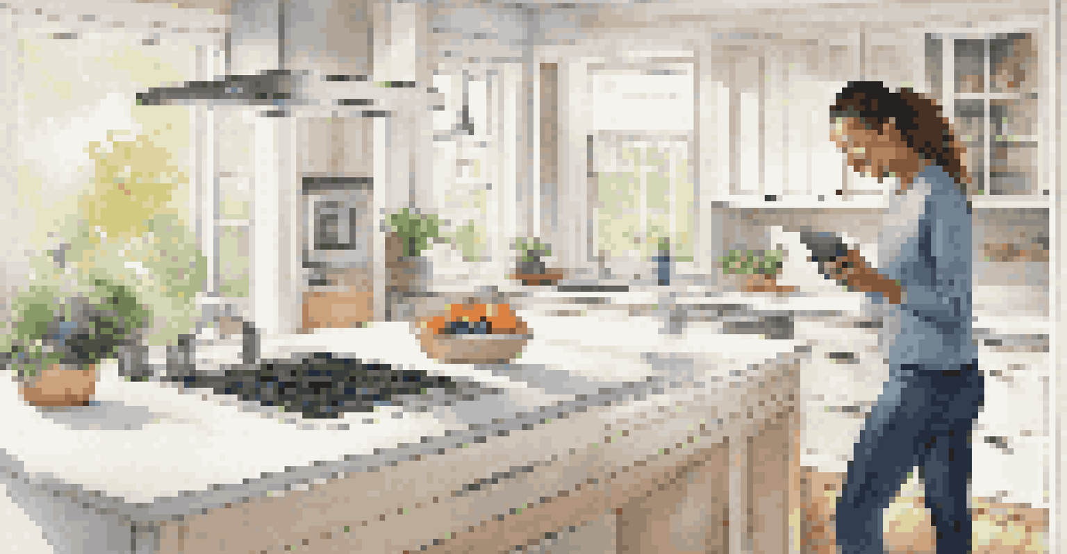 A homeowner using a tablet to manage smart home technology in a modern kitchen with energy-efficient appliances.
