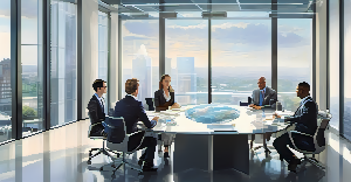 A modern conference room with two business people negotiating at a glass table, illuminated by natural light from large windows.