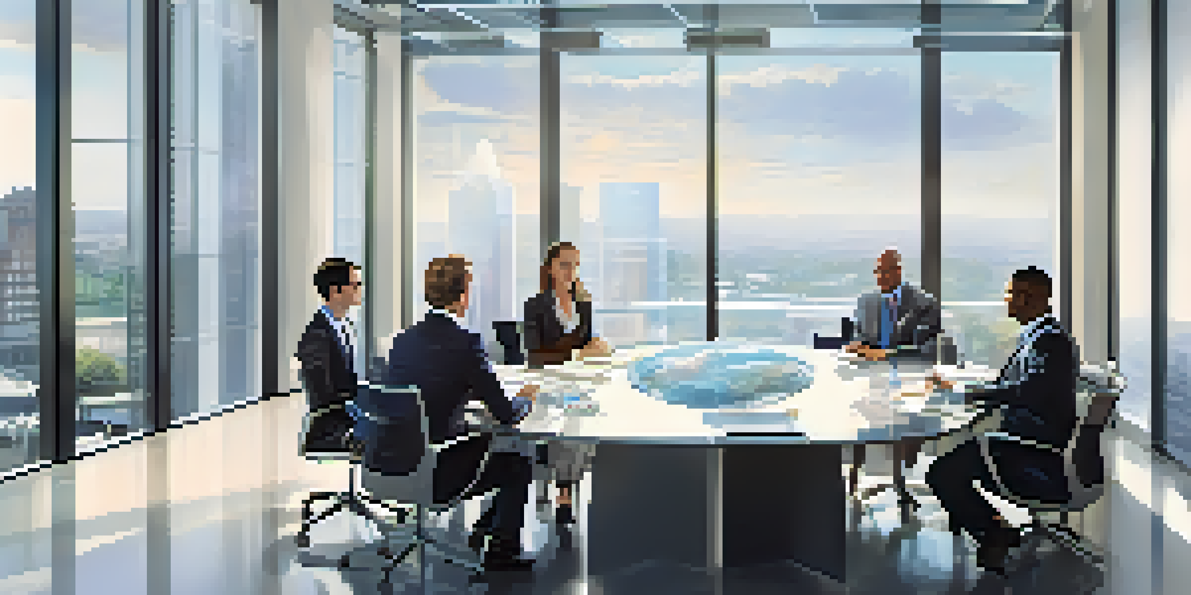 A modern conference room with two business people negotiating at a glass table, illuminated by natural light from large windows.