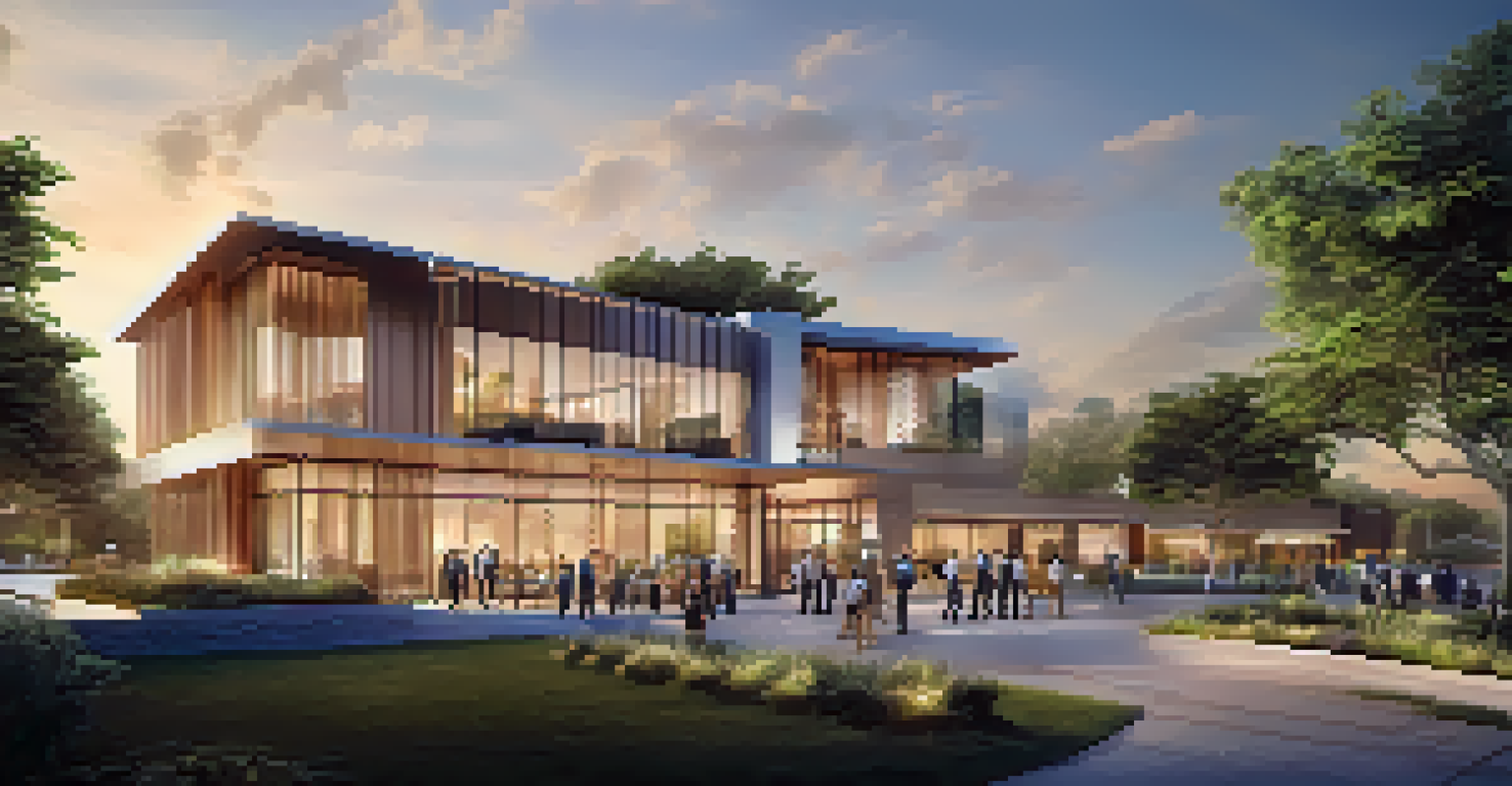 A team of professionals reviewing plans in front of a modern real estate development at sunset.