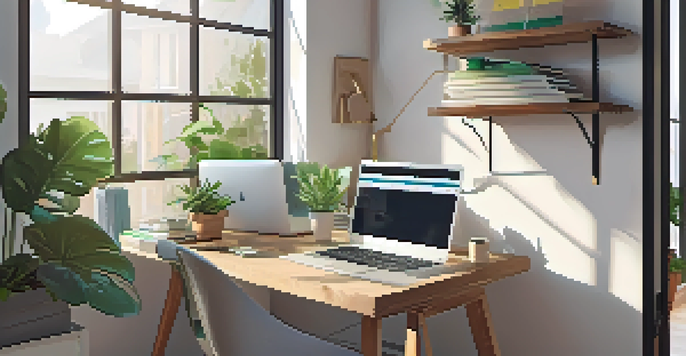 A cozy home office with a wooden desk, an open laptop displaying a spreadsheet, and a colorful binder. Natural light from a window brightens the space, and a houseplant is present.