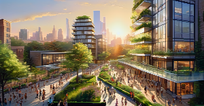 A city skyline with sustainable architecture, green roofs, and solar panels, illuminated by sunset, with people enjoying the outdoors.