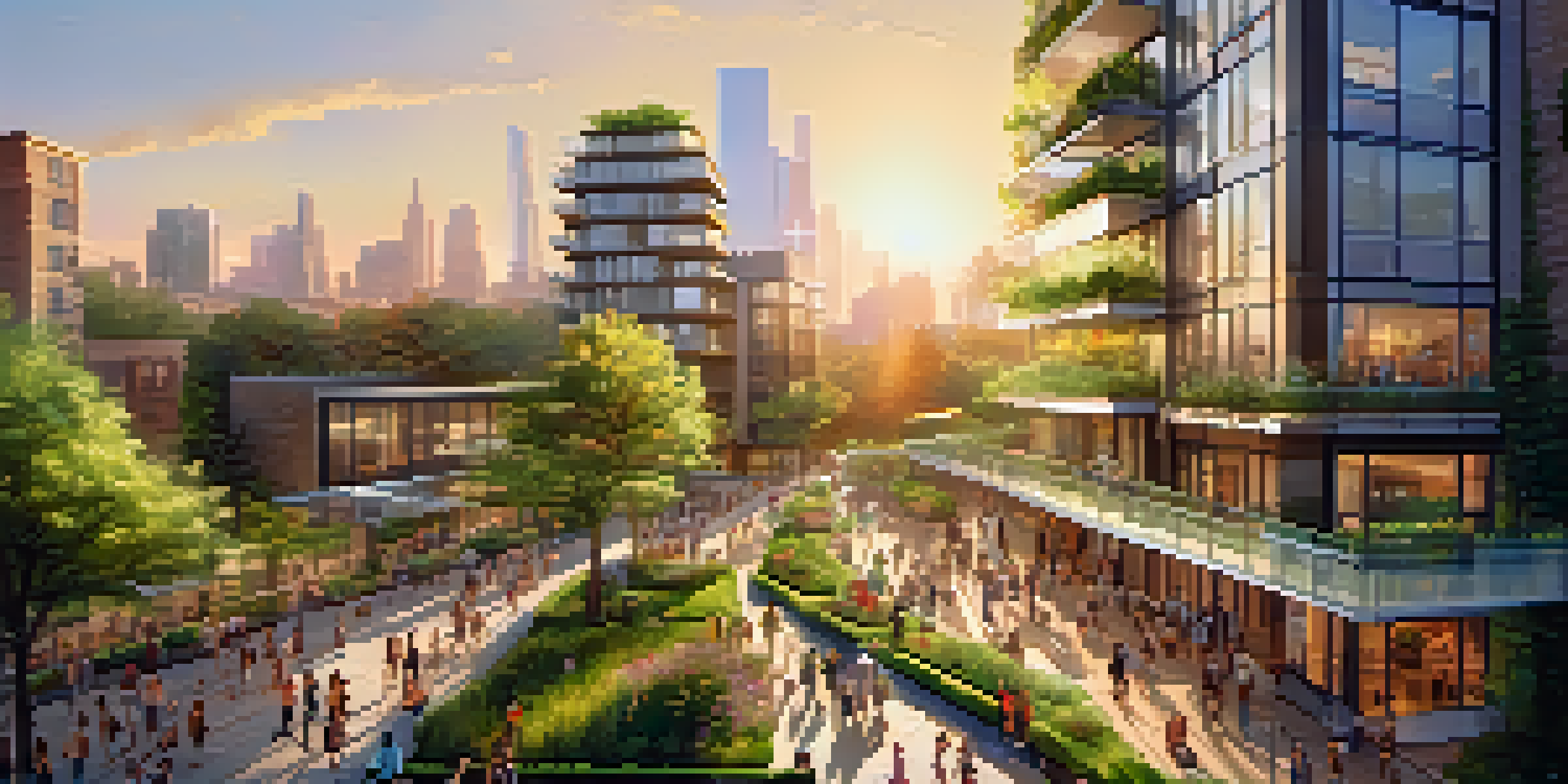 A city skyline with sustainable architecture, green roofs, and solar panels, illuminated by sunset, with people enjoying the outdoors.