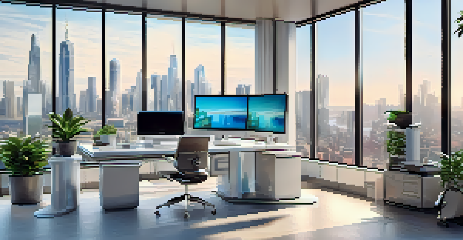 A modern home office with a view of the city skyline, featuring advanced technology and a bright atmosphere.
