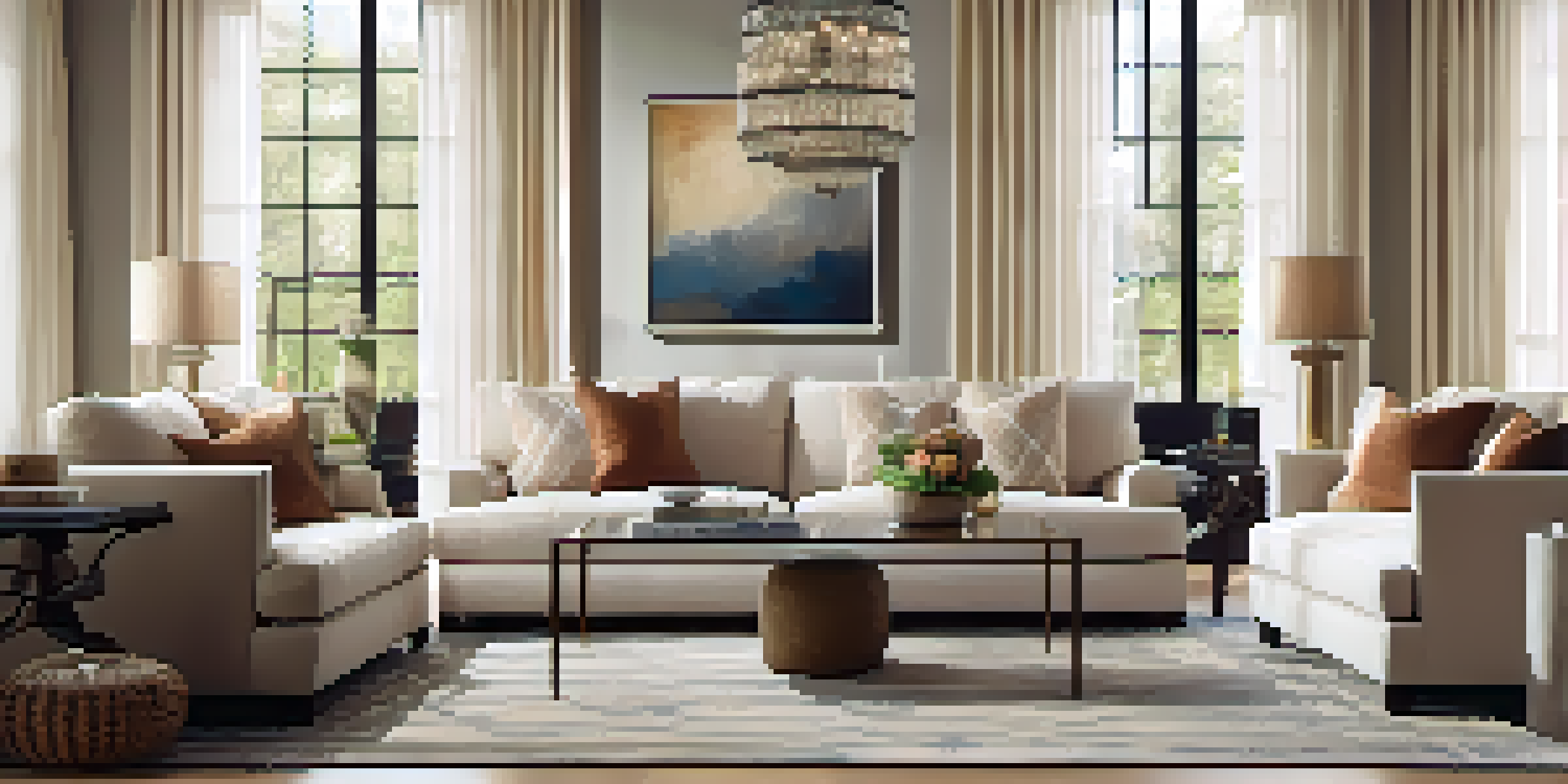 A bright and inviting living room with large windows, sheer curtains, and cozy decor.