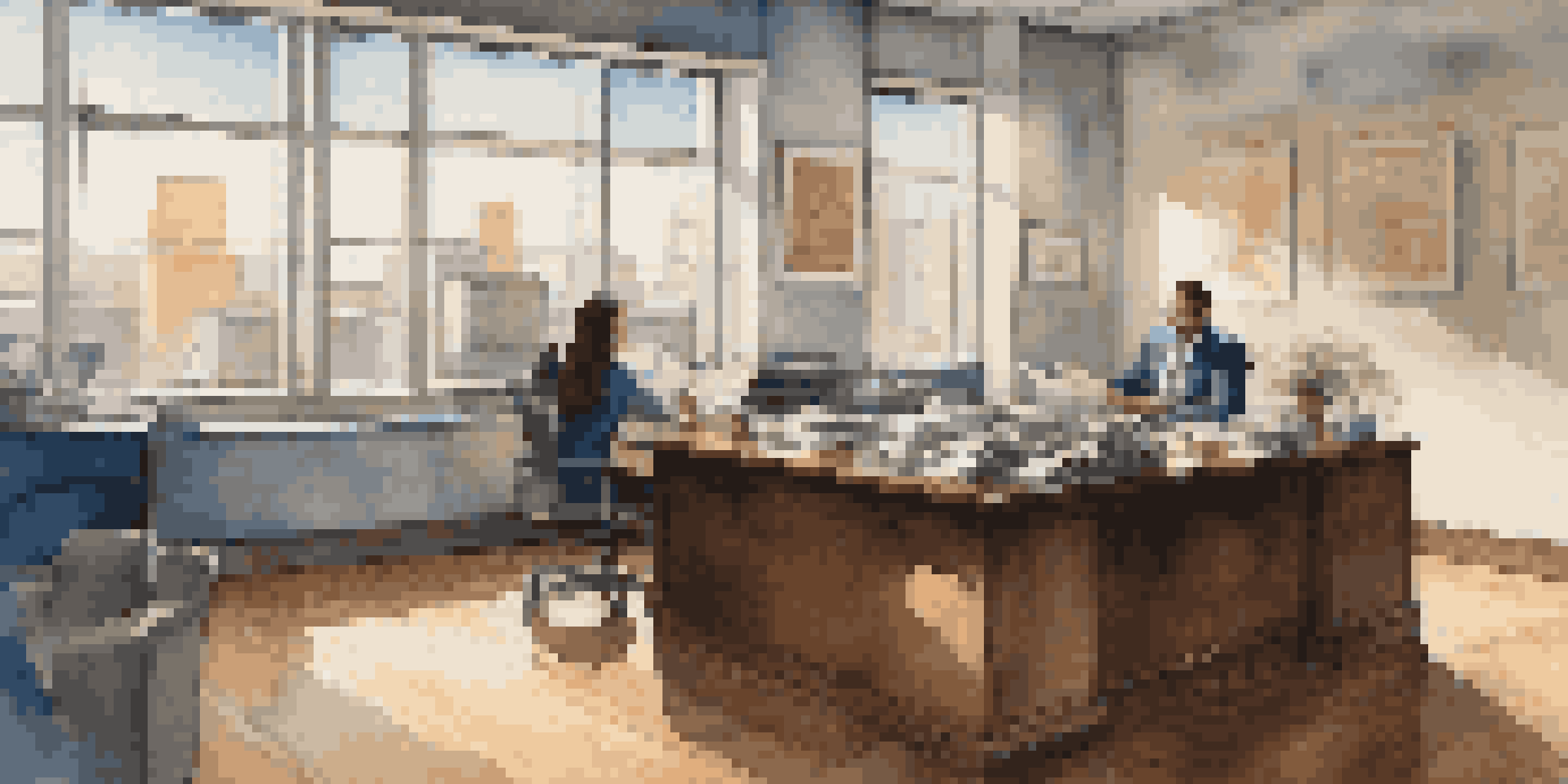 A property manager in an office reviewing documents with certifications on the wall.