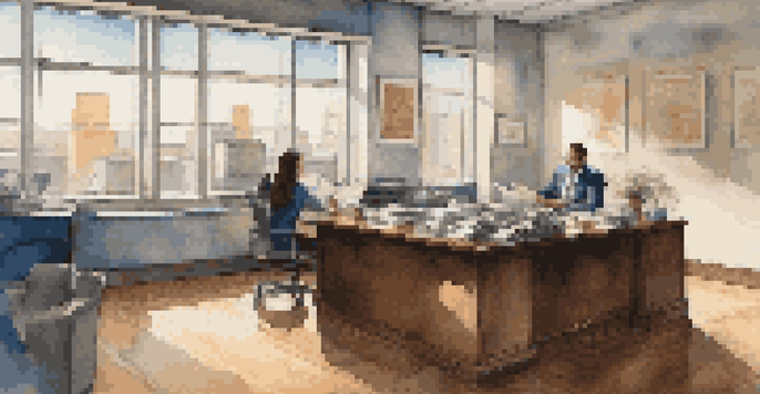 A property manager in an office reviewing documents with certifications on the wall.